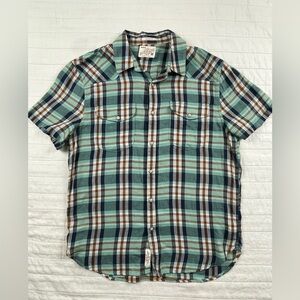 Lucky Brand Blue Plaid Casual Soft 100a% Cotton Shirt 2 Pocket Size Medium